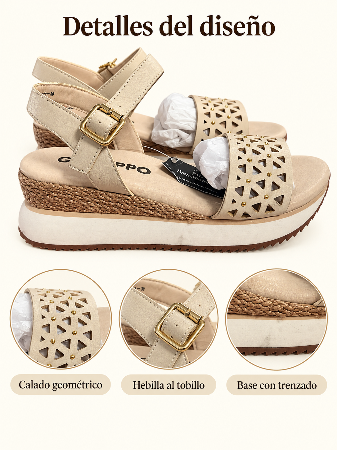 Sandalias Gioseppo Wete blanco roto con calado y plataforma, talla 38 — calado geométrico, hebilla y base trenzada