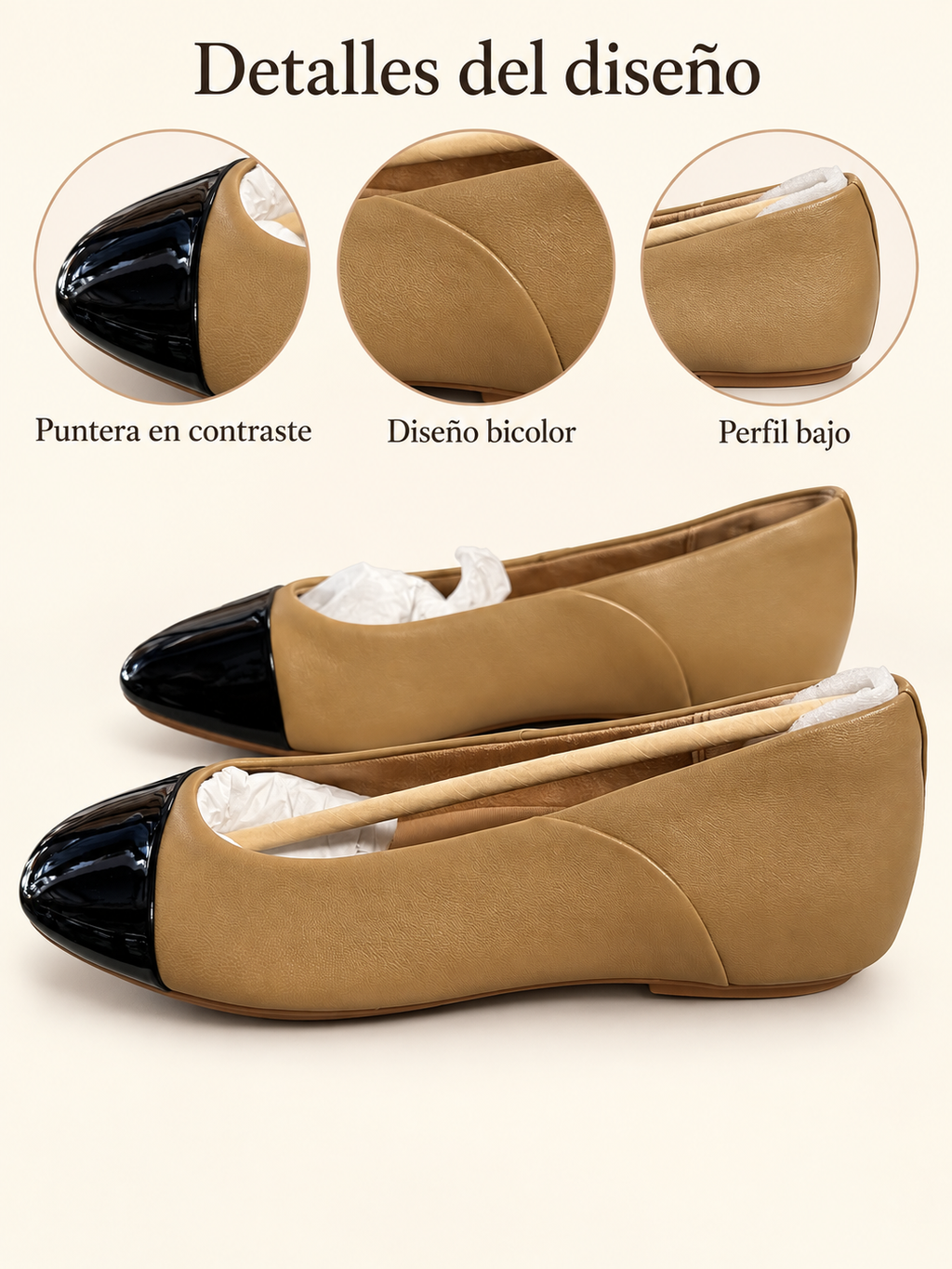 Bailarinas FitFlop Danser camel con puntera negra, talla 39 — detalles visibles del diseño