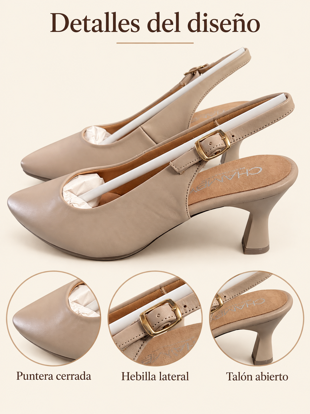 Zapatos destalonados Chamby 4241 beige con hebilla, talla 41 — detalles visibles del diseño