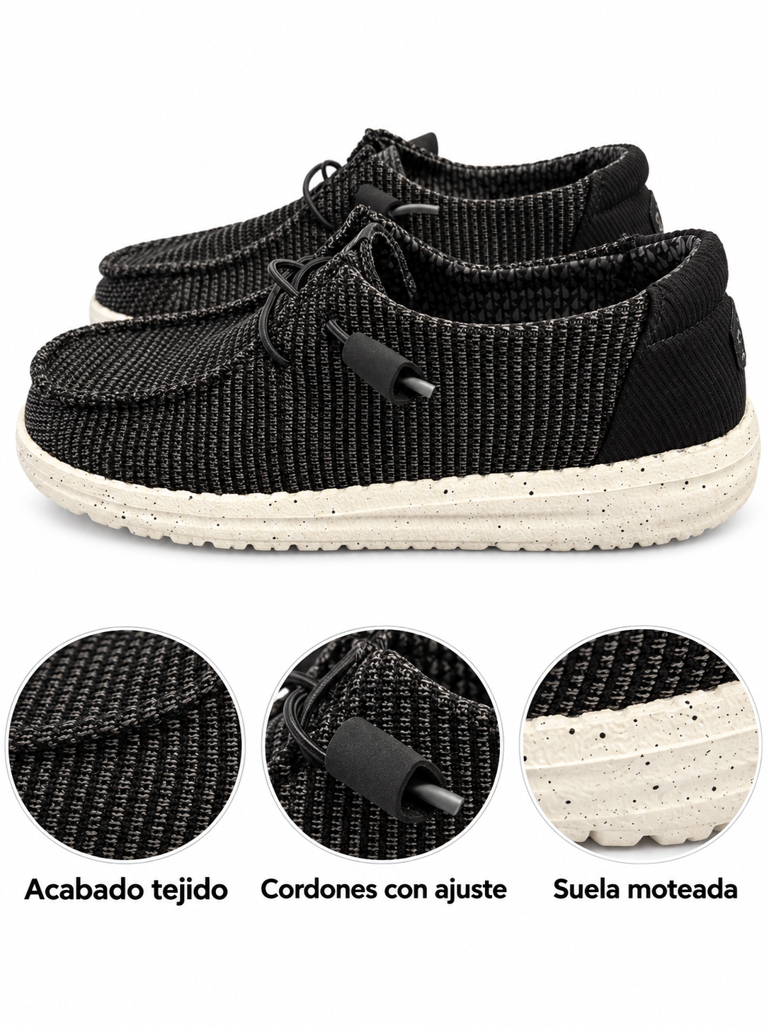 Zapatillas Hey Dude Wendy Stretch Sox negras con suela moteada talla 38 — detalles del tejido, cordones y suela