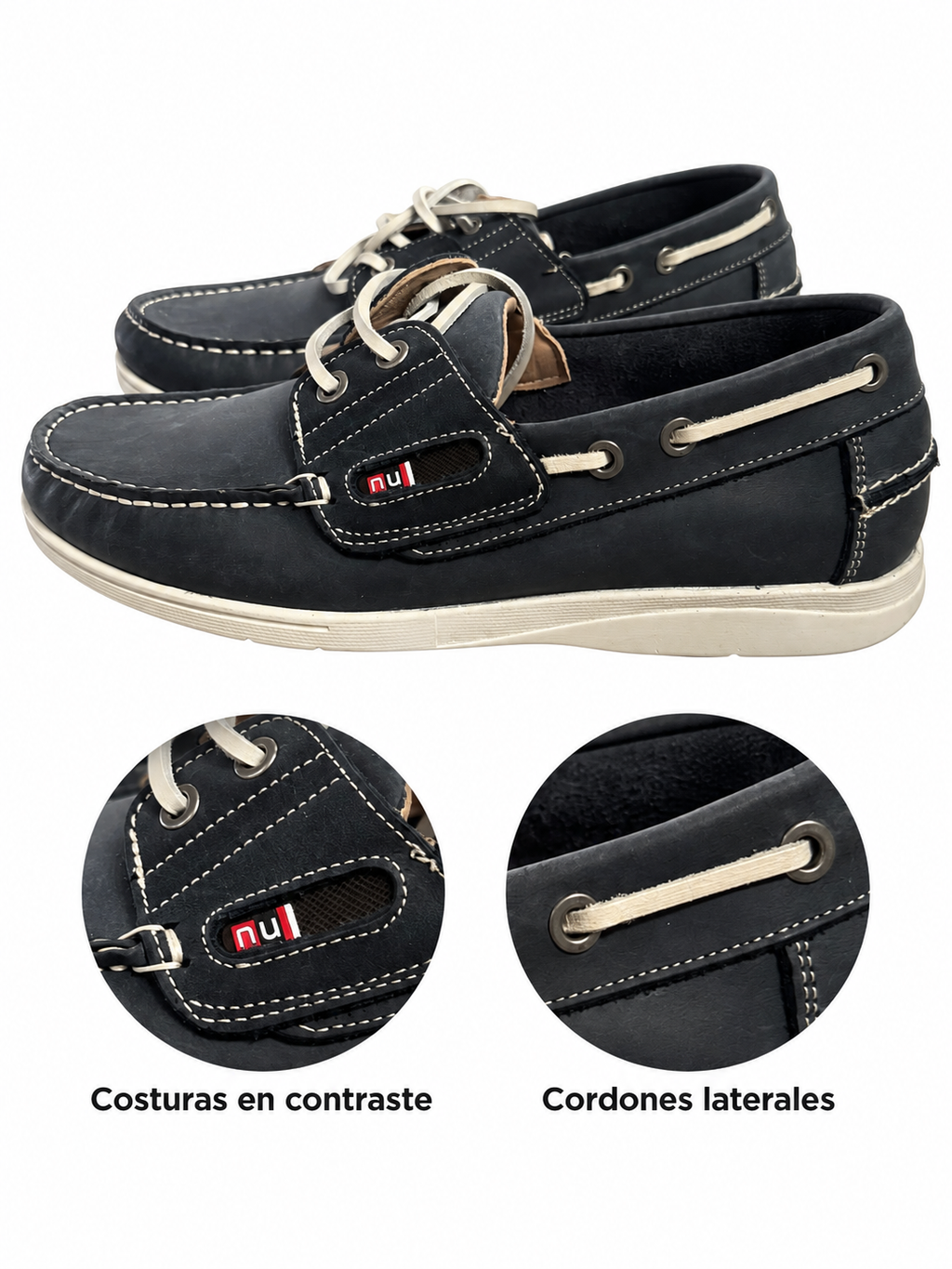 Náuticos Nuper 7830 azul marino con cordones claros talla 40 — costuras y cordones laterales