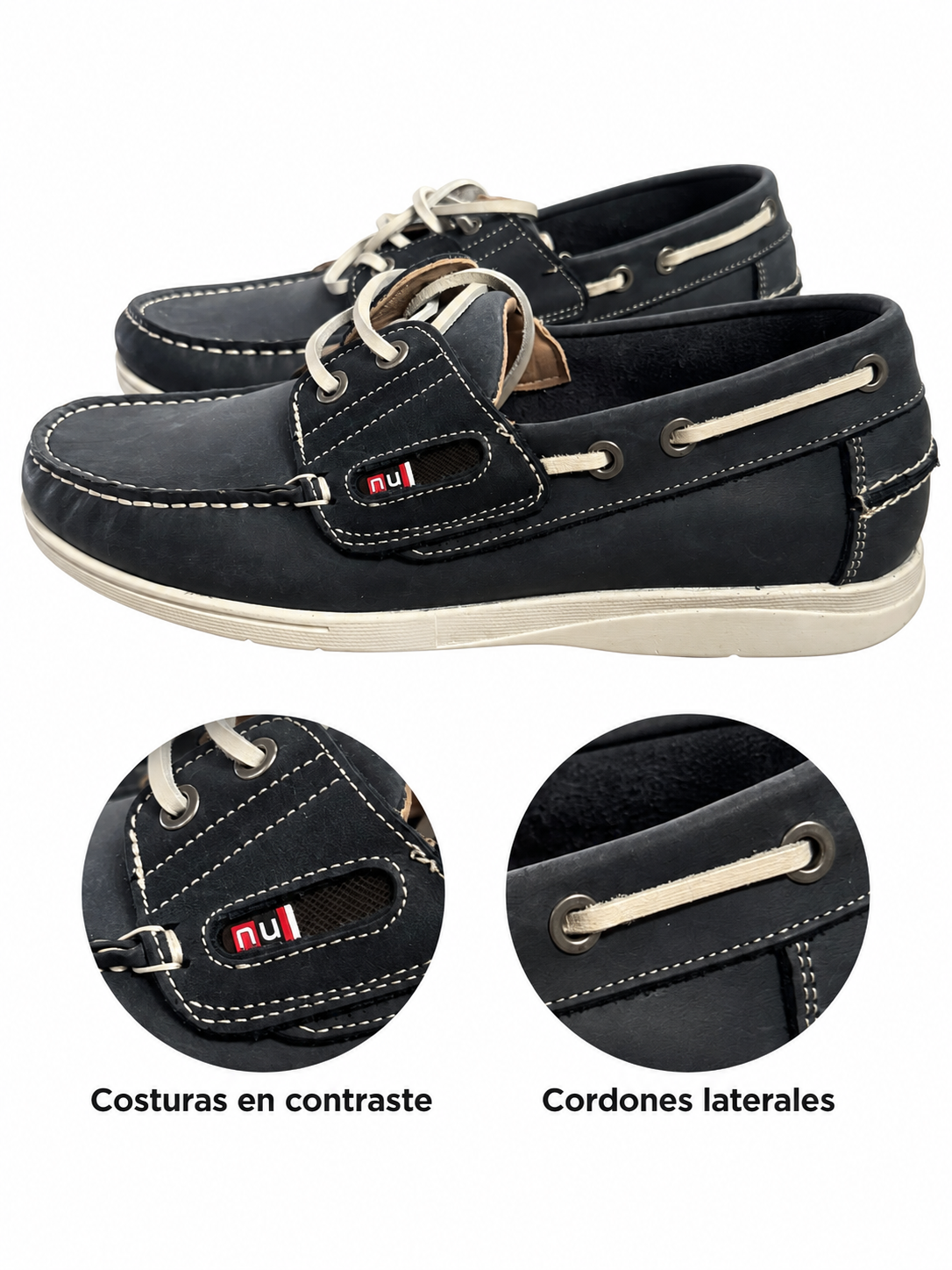 Náuticos Nuper 7830 azul marino con cordones claros talla 40 — costuras y cordones laterales