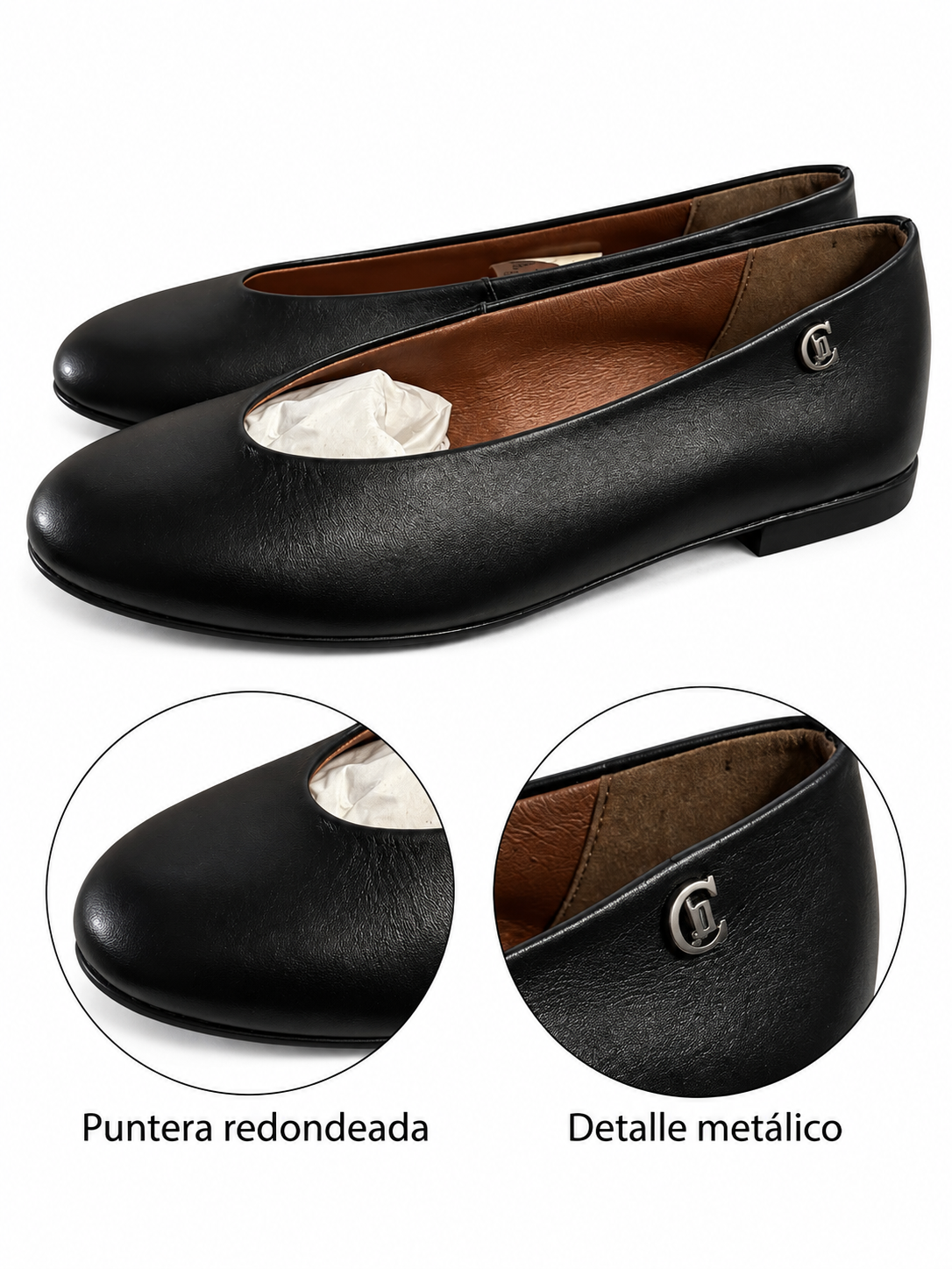Bailarinas Chamby 635 negras con detalle metálico talla 37 — puntera y detalle lateral