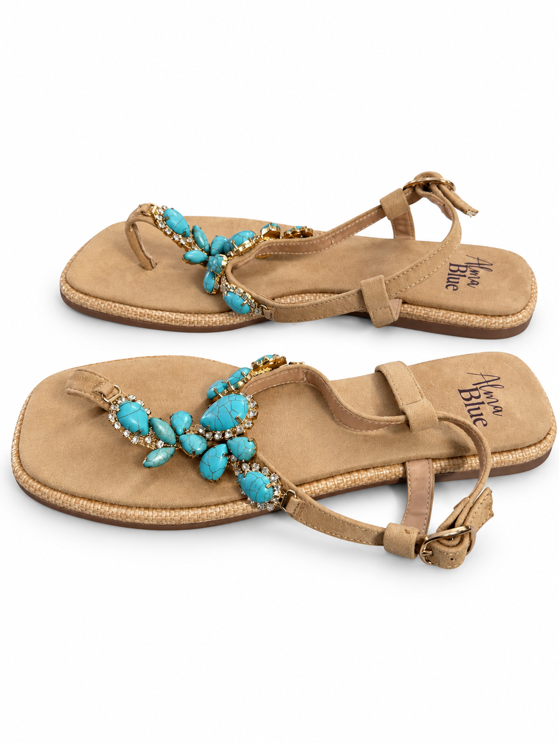 Sandalias Alma Blue V22BL2049 con adornos turquesa — vista del par