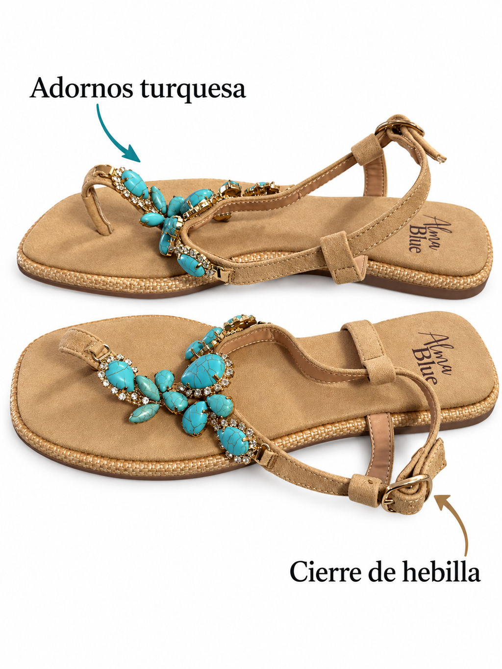 Sandalias Alma Blue V22BL2049 con adornos turquesa — adornos y hebilla