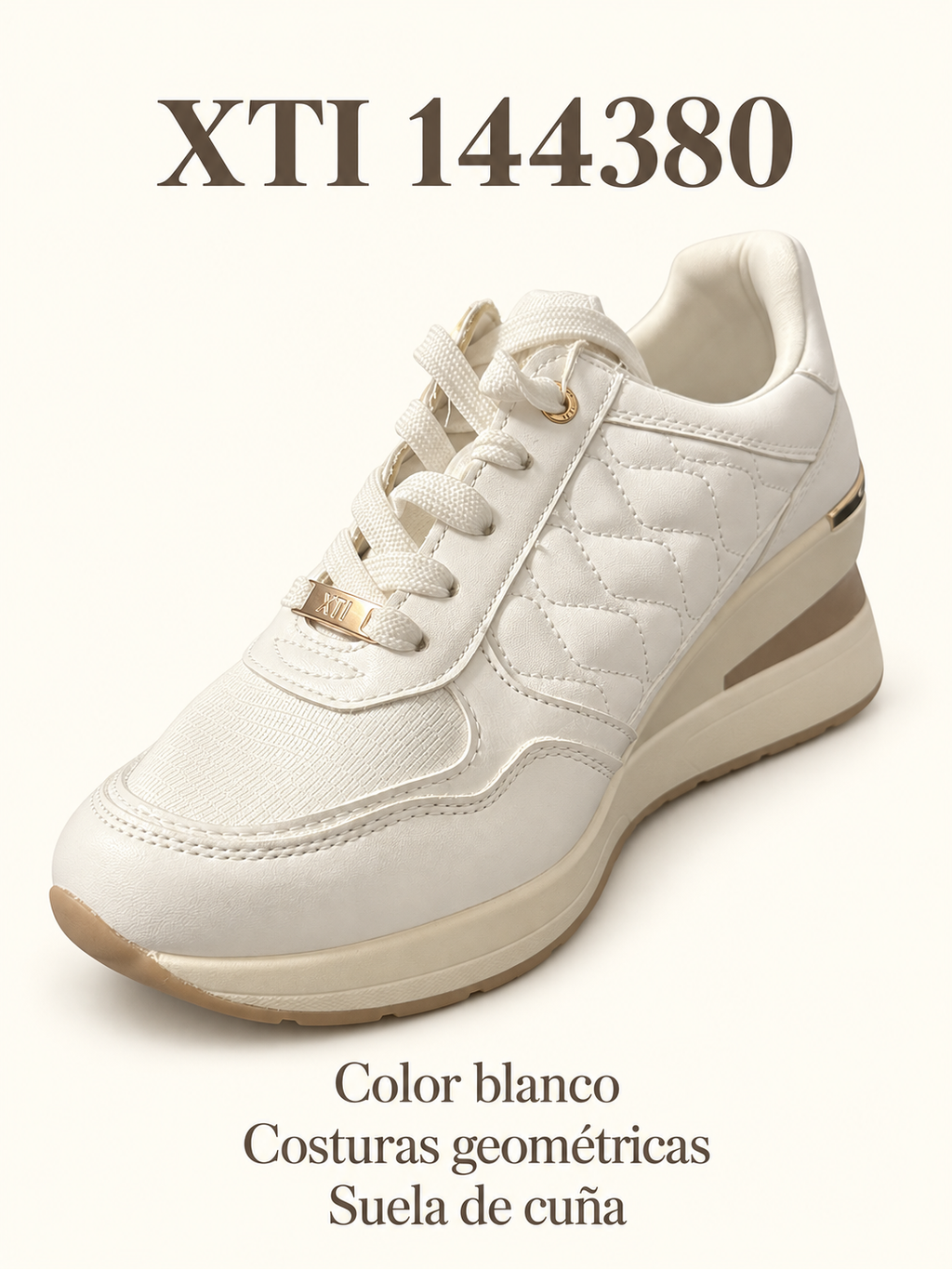 Xti 144380: color blanco, costuras geométricas y suela de cuña