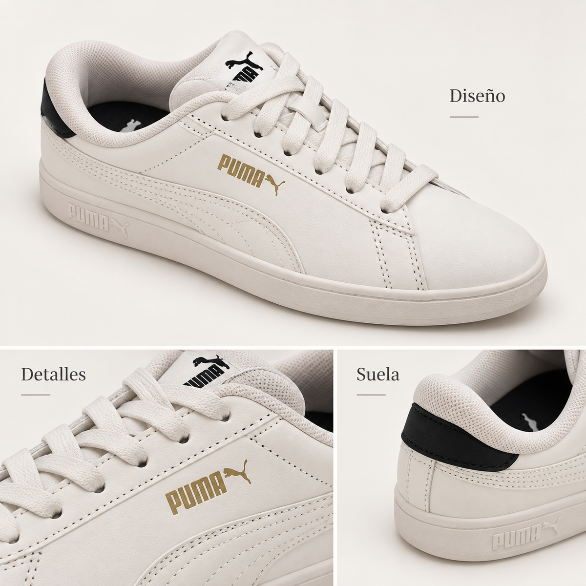 Zapatillas Puma Smash 3.0 390987-13 Blancas con Detalles Dorados Unisex - características