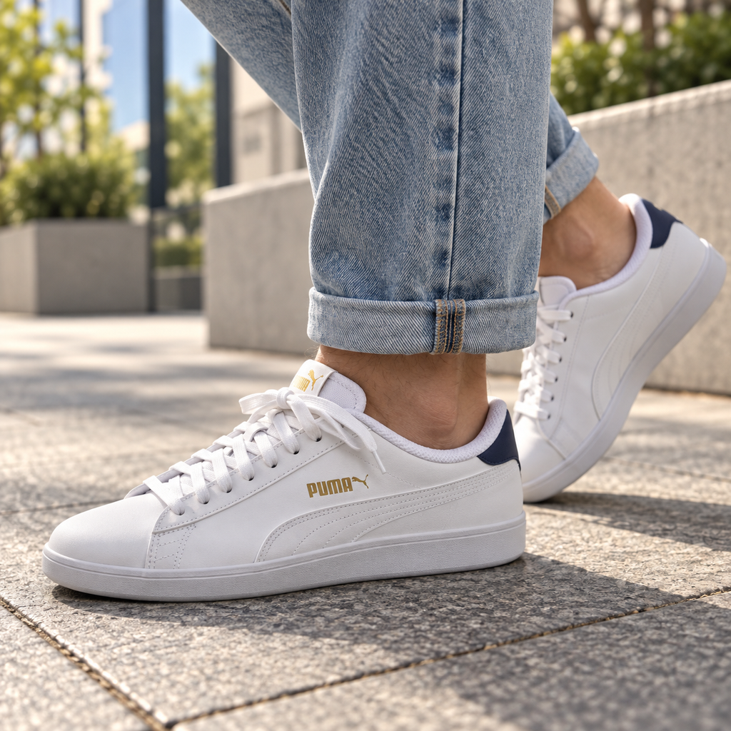 Puma Smash v2 L blanco, azul marino y dorado en uso