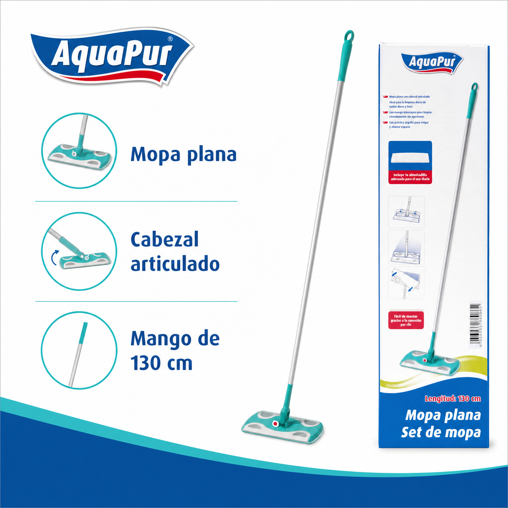 AquaPur mopa plana con cabezal articulado y mango largo 130 cm