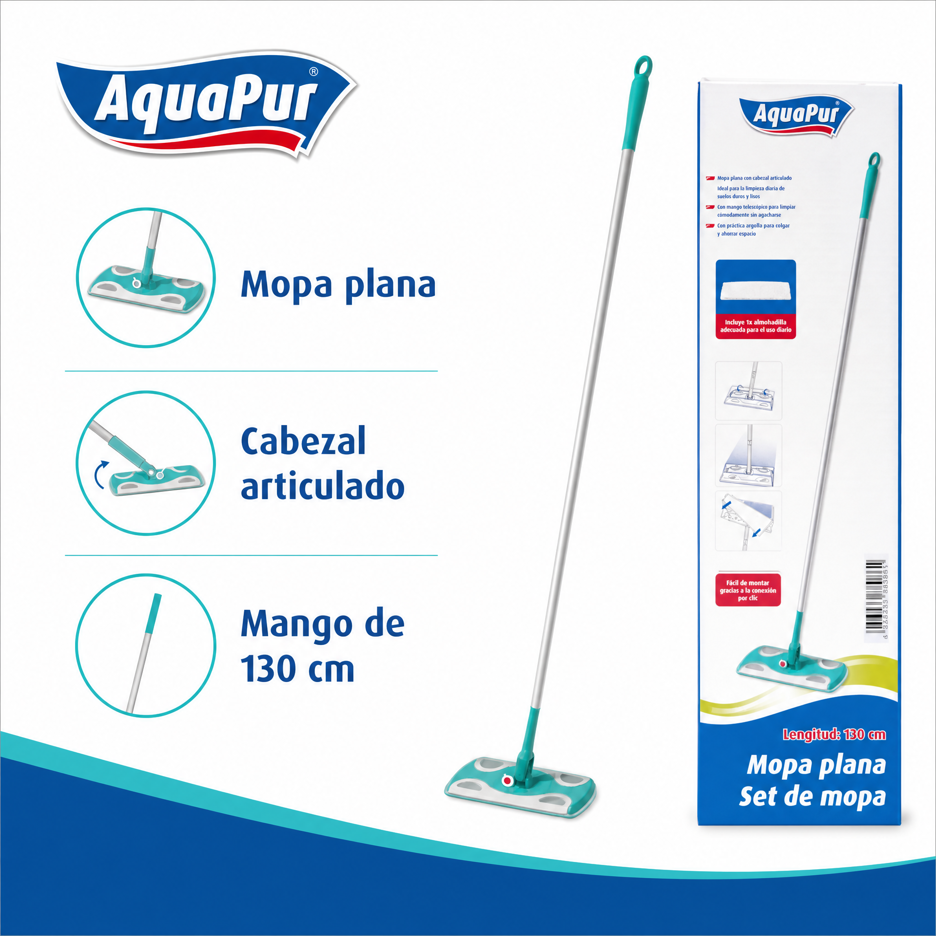 AquaPur mopa plana con cabezal articulado y mango largo 130 cm