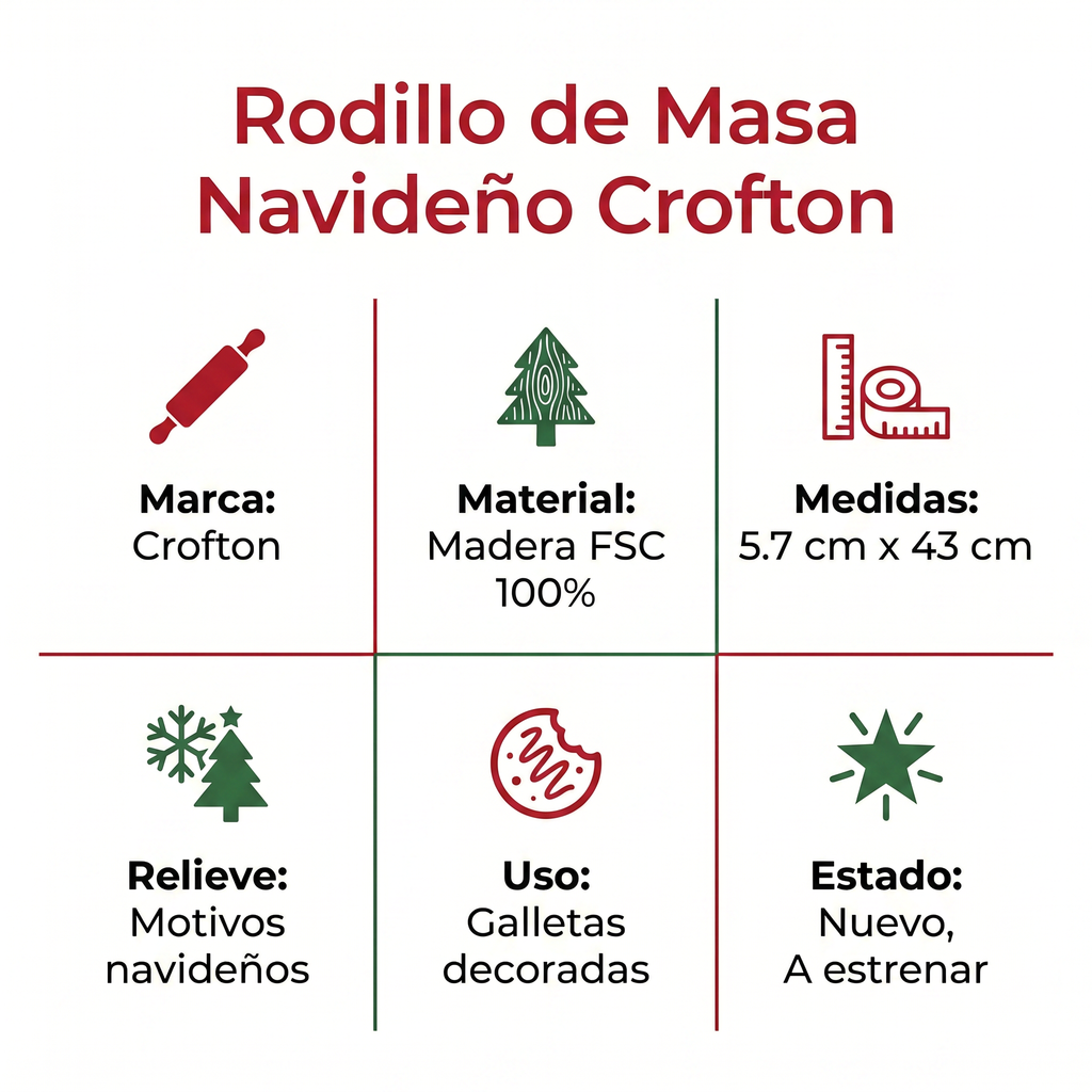 Rodillo de Masa con Relieve Navideño Crofton — Madera FSC