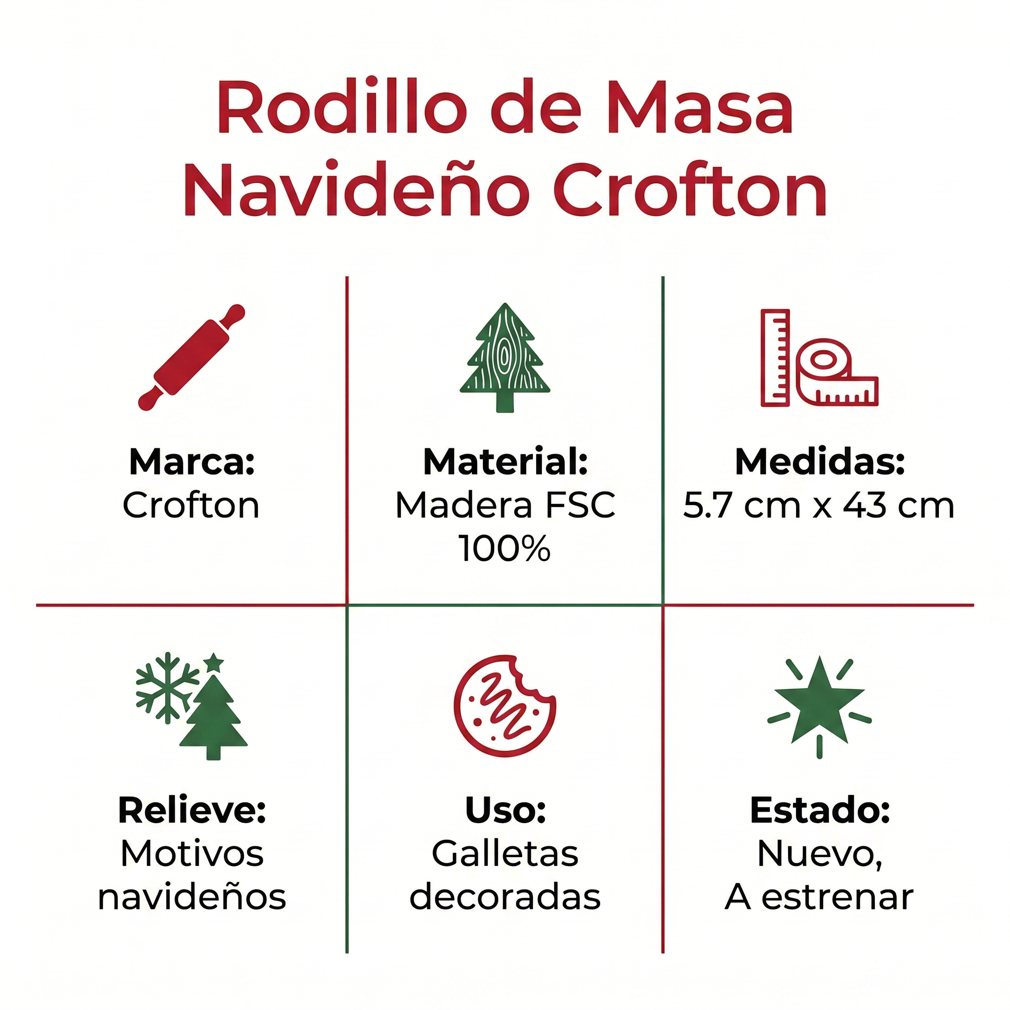 Rodillo de Masa con Relieve Navideño Crofton — Madera FSC