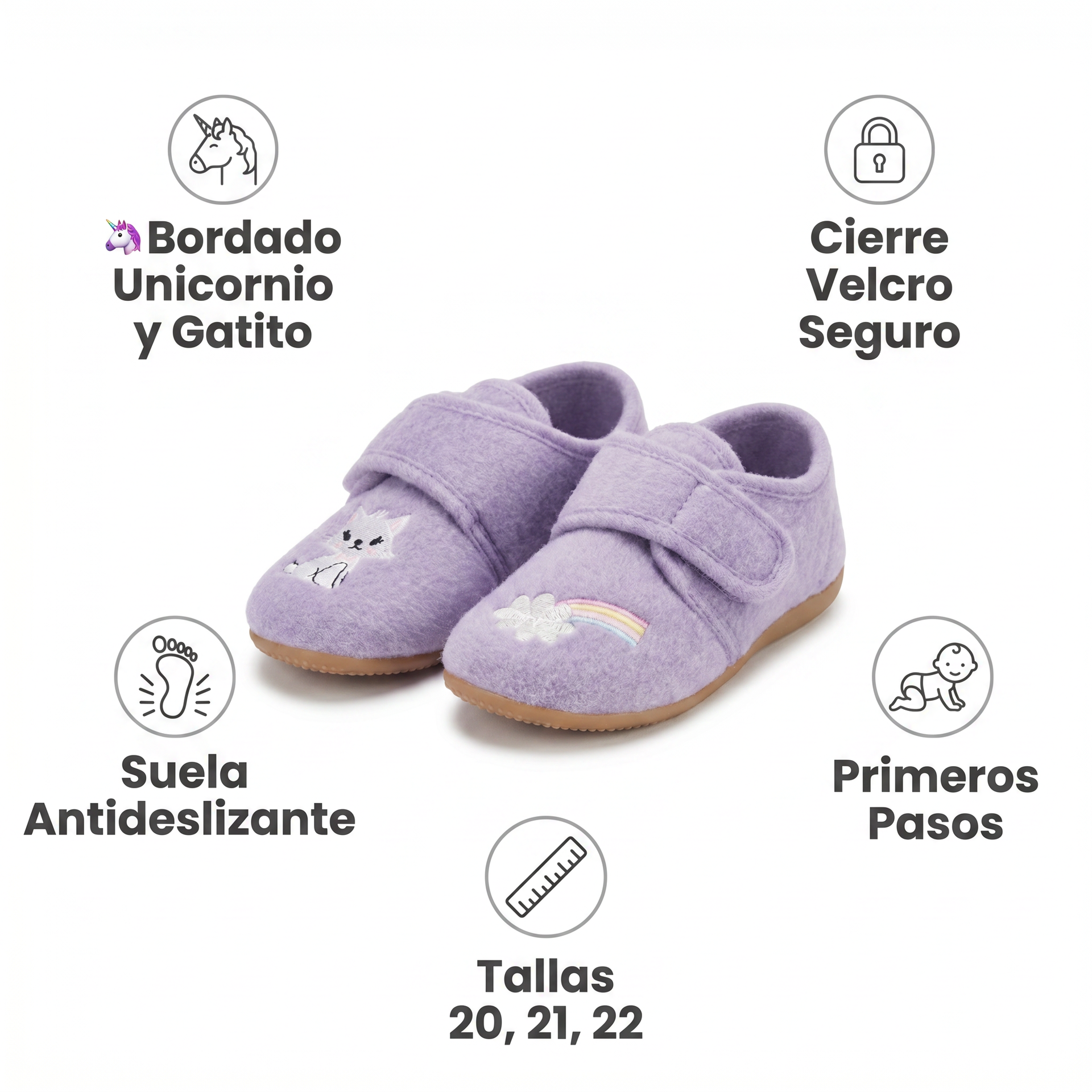 Zapatillas de Casa Bebé Lila Unicornio/Gatito — Fieltro con Velcro