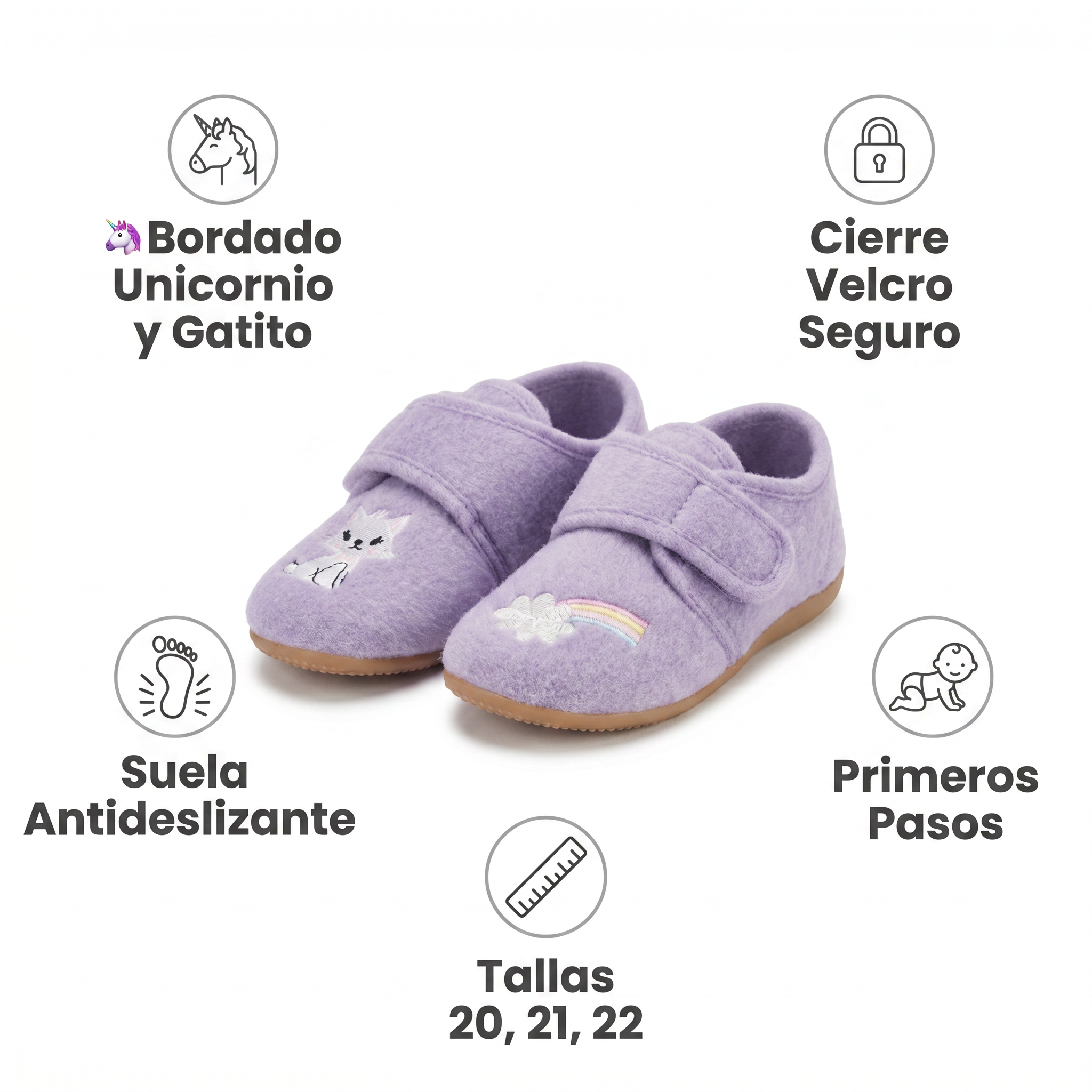 Zapatillas de Casa Bebé Lila Unicornio/Gatito — Fieltro con Velcro