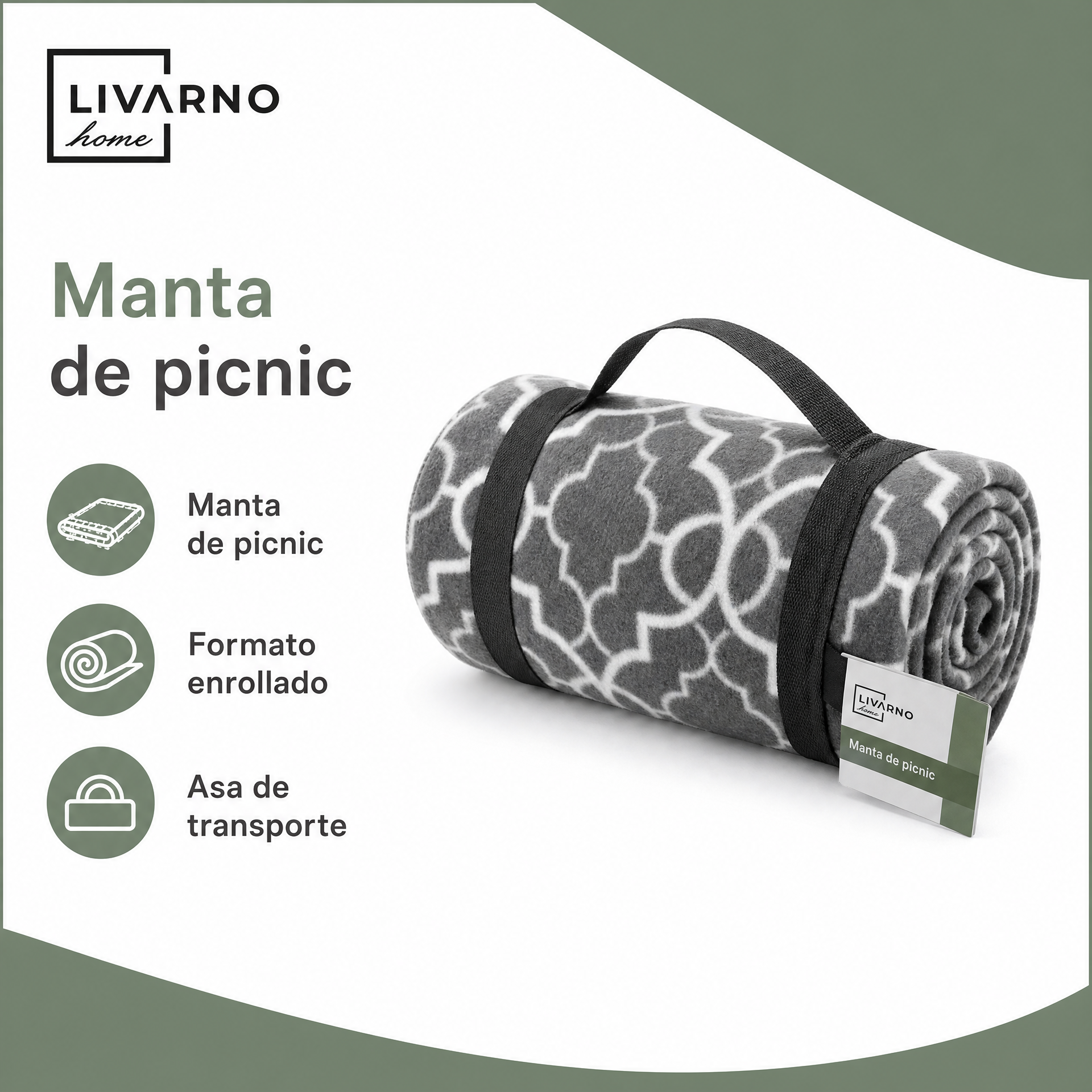 Livarno manta de picnic enrollada con asa y estampado geométrico gris