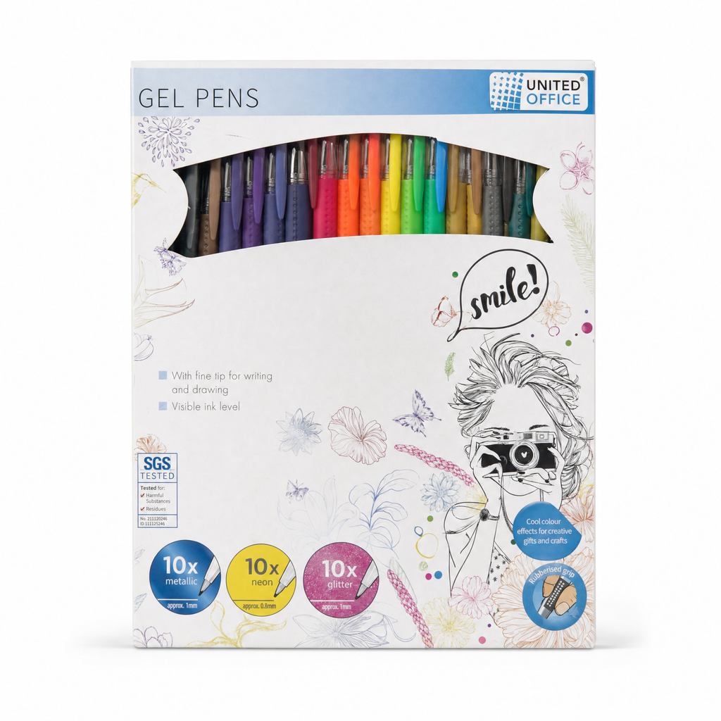 United Office Set de 30 Bolígrafos de Gel Smile