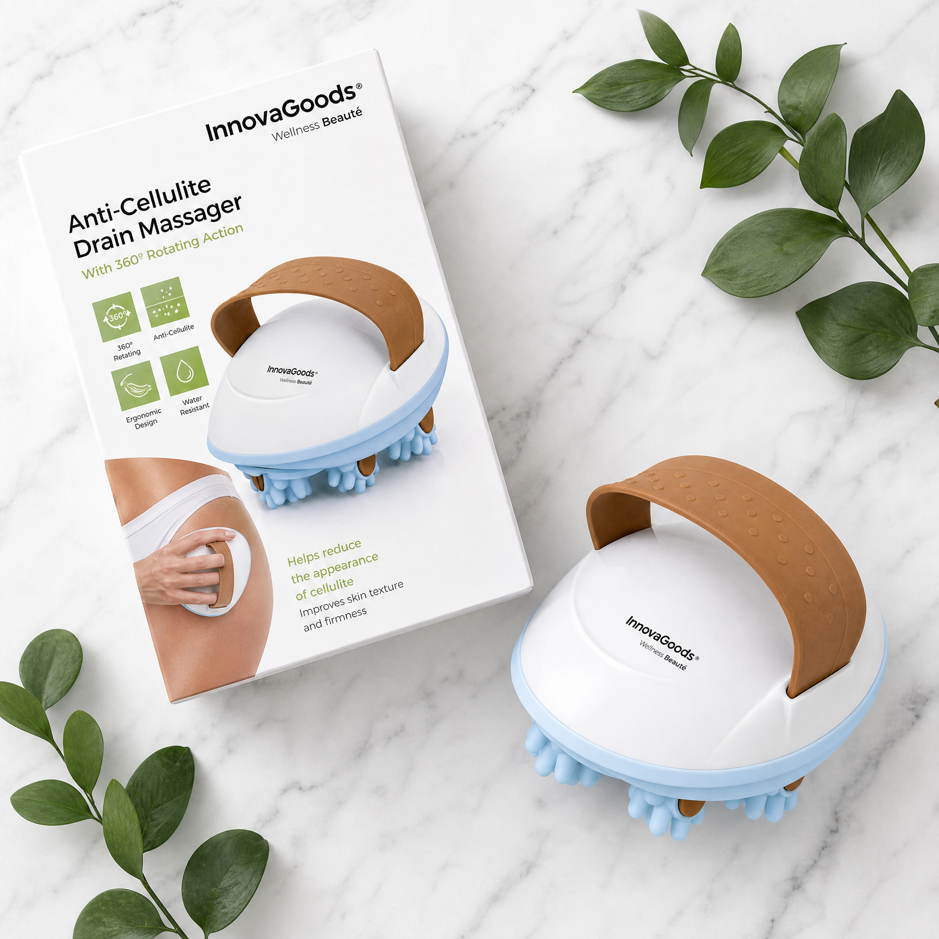 Masajeador InnovaGoods - producto con caja flat lay