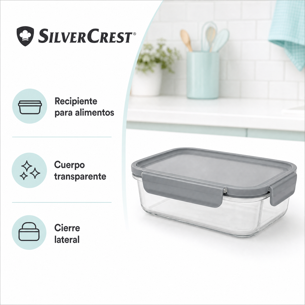 SilverCrest recipiente para alimentos rectangular con tapa gris y cuerpo transparente