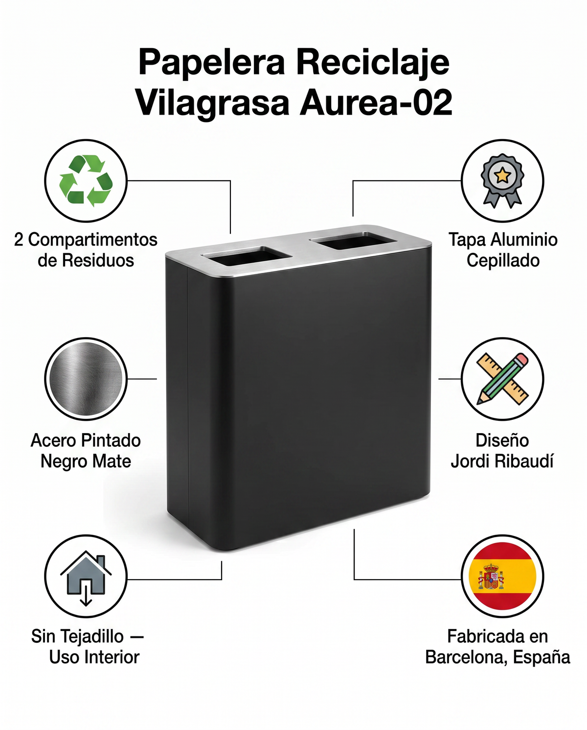 Papelera Reciclaje Vilagrasa Aurea-02 — 2 Residuos Negro Mate