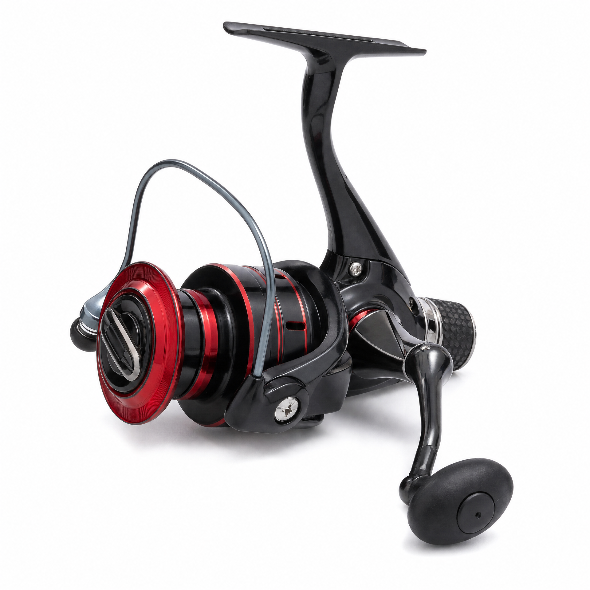 Carrete de pesca spinning rojo y negro con manivela