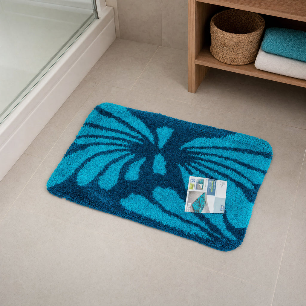 Alfombra de baño con motivo de mariposa en azul y turquesa, pelo denso