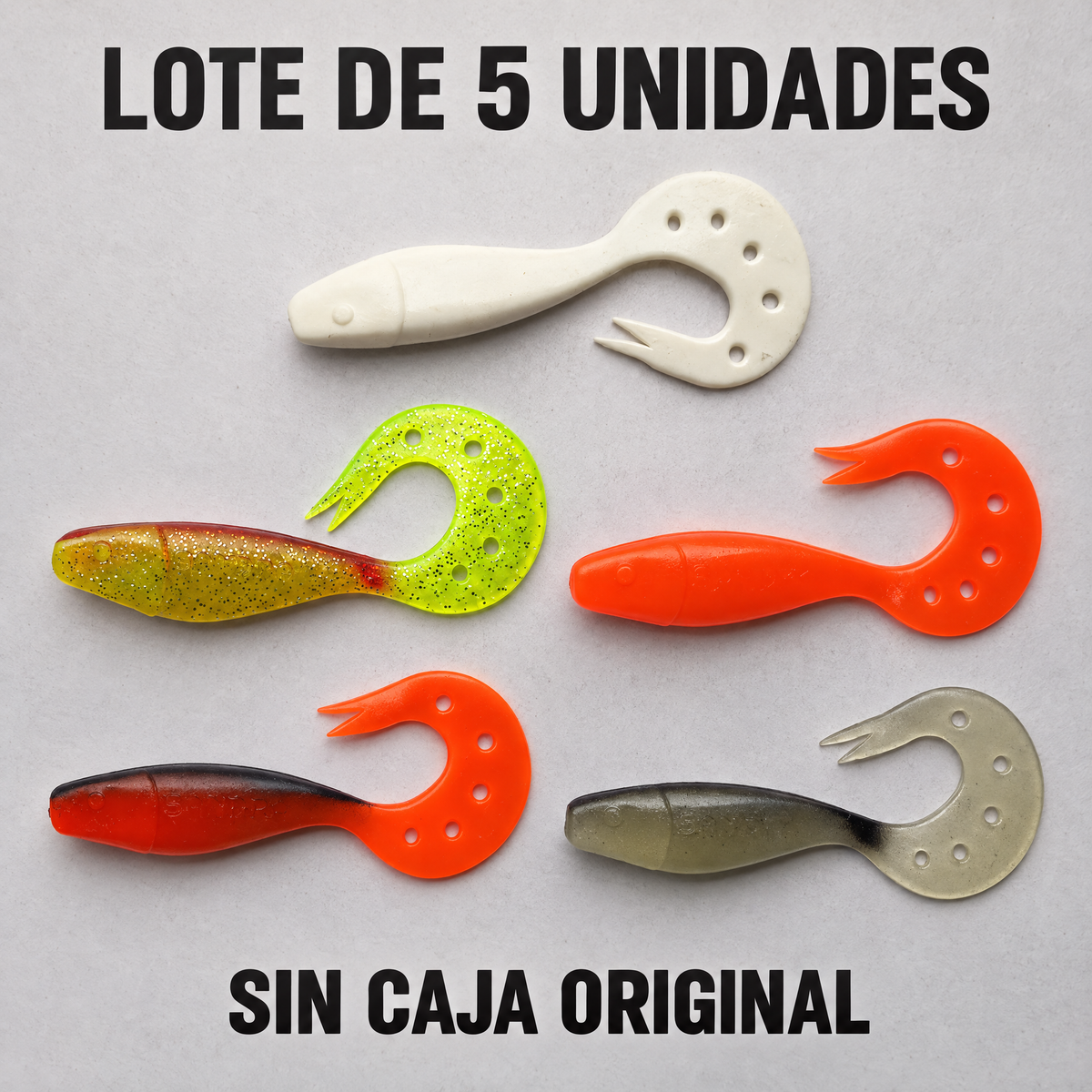 Lote de 5 señuelos blandos usados · colores variados