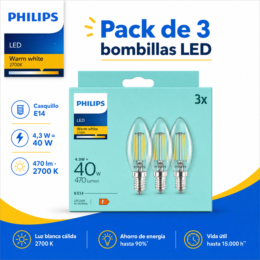 Philips Pack 3 Bombillas LED E14 Vela 4,3W (40W) 470lm Luz Cálida