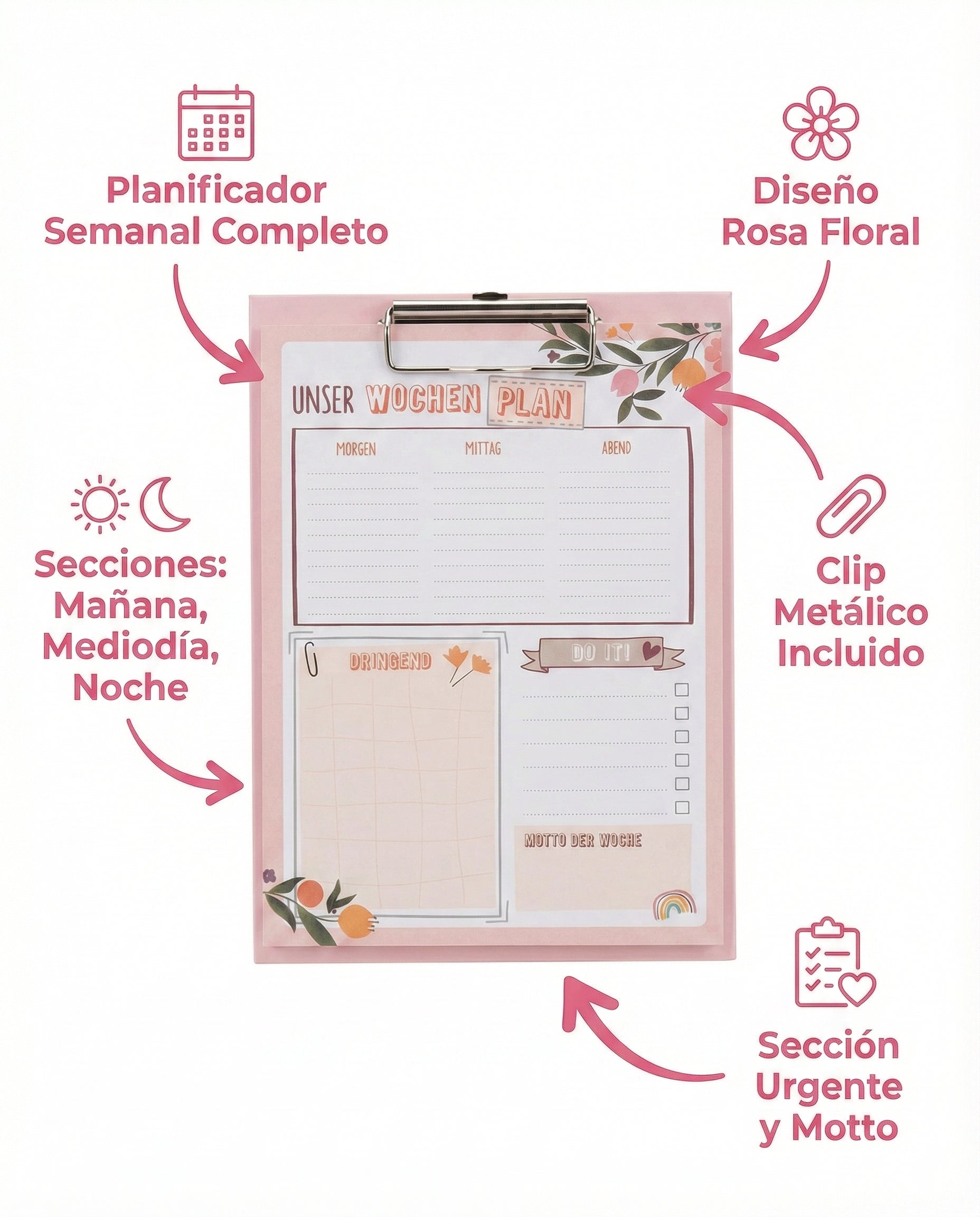 Planificador Semanal con Clip Rosa Floral