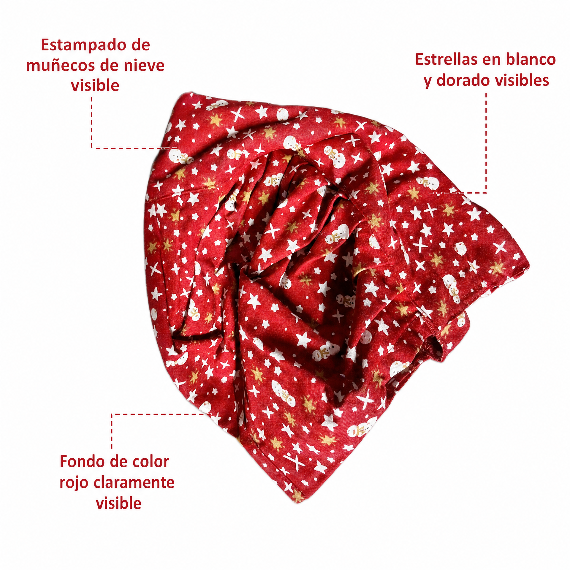 Retal de tela con fondo rojo y estampado de muñecos de nieve y estrellas en blanco y dorado