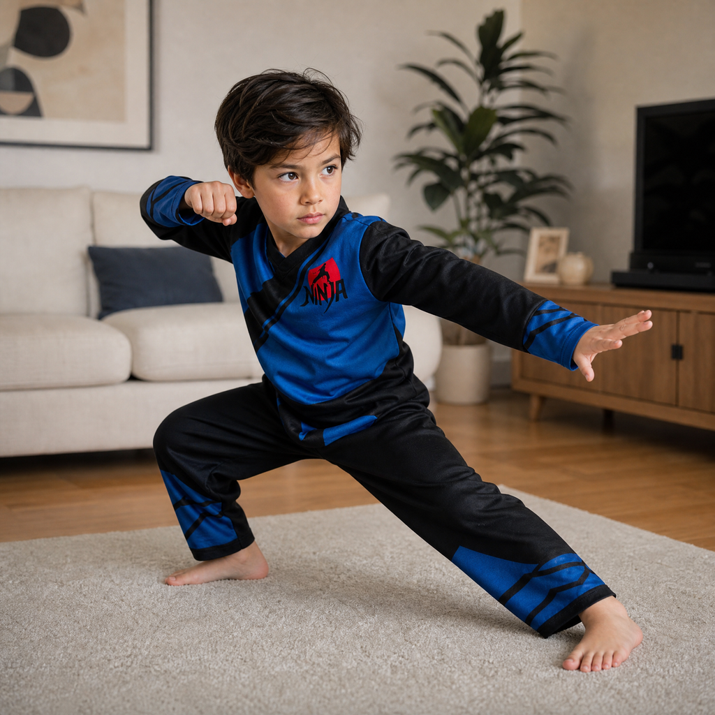 Ninja — Conjunto disfraz infantil azul y negro con logo rojo