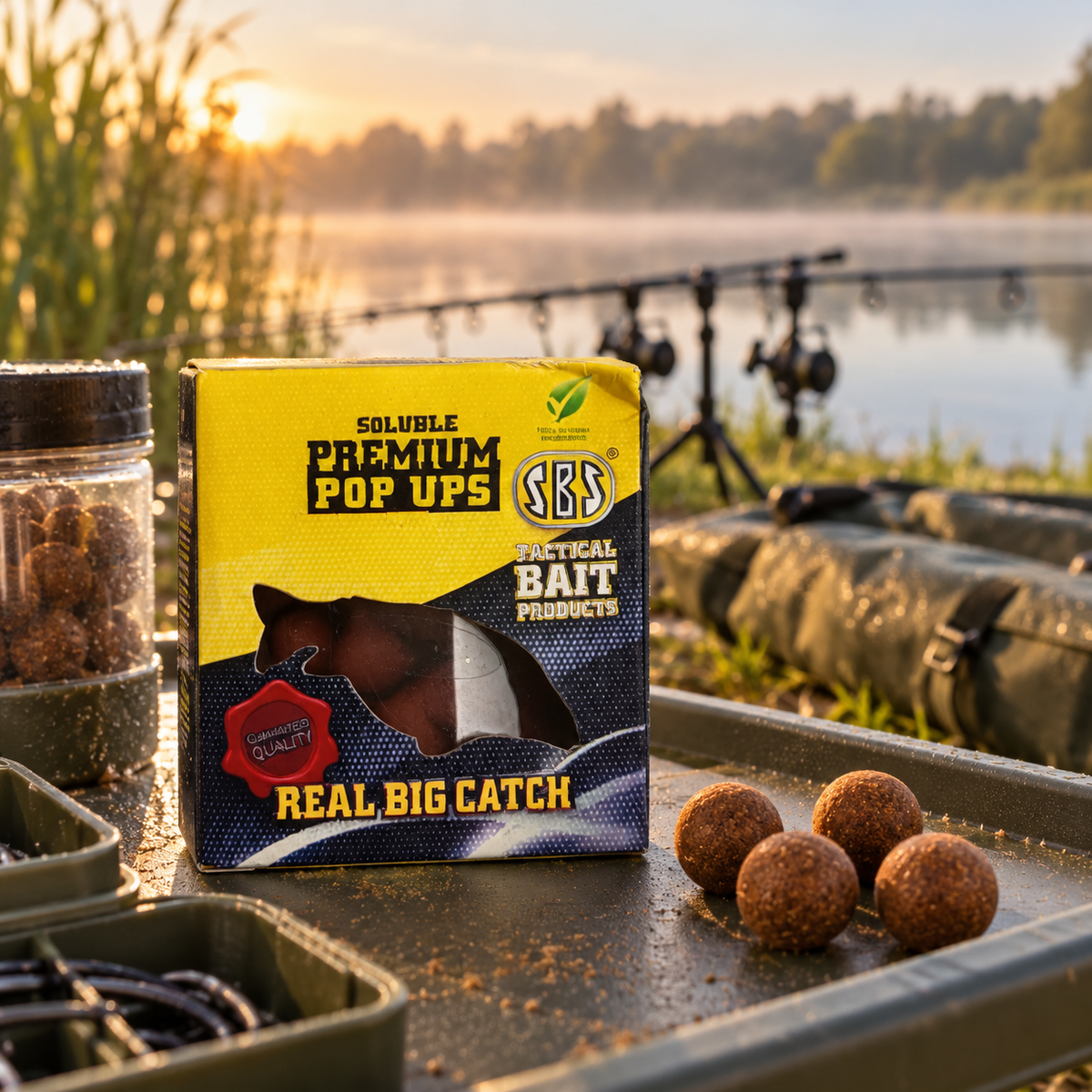 RBS Soluble Premium Pop Ups Real Big Catch en un entorno de pesca
