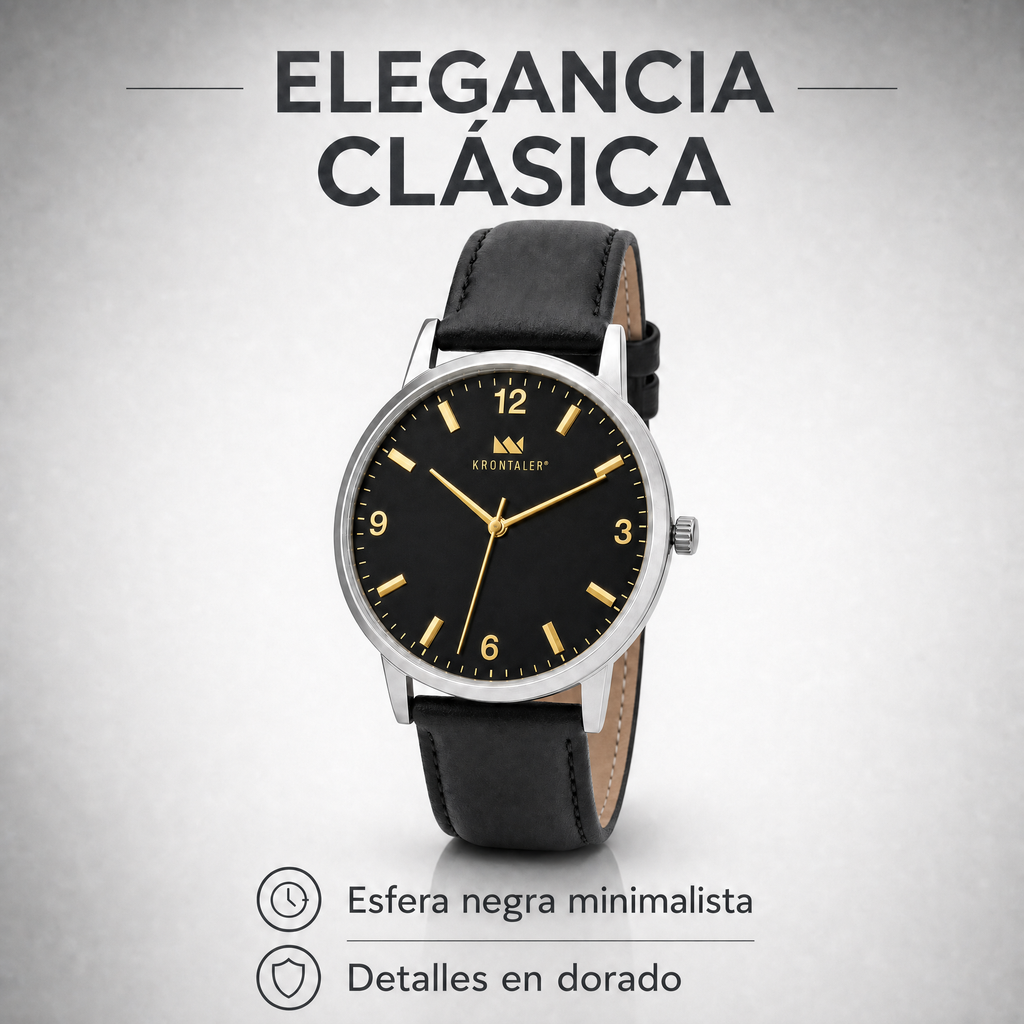 Reloj Krontaler para Hombre - Esfera Negra y Detalles Dorados
