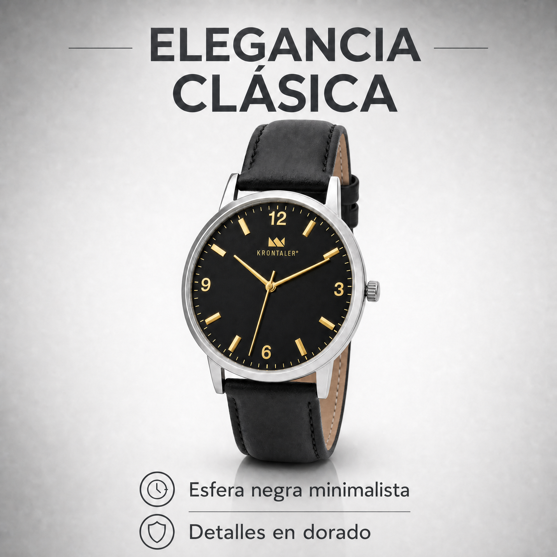 Reloj Krontaler para Hombre - Esfera Negra y Detalles Dorados