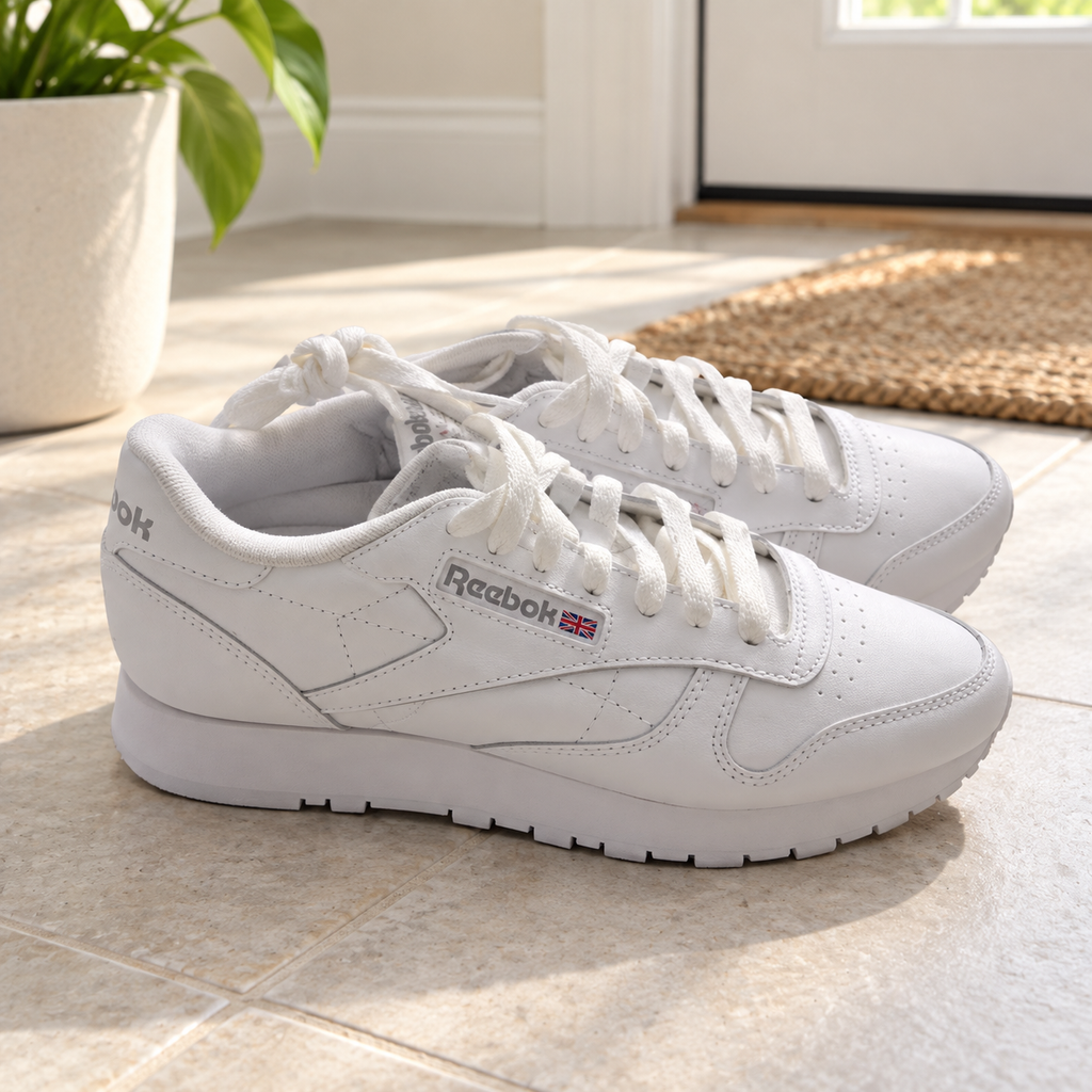 Zapatillas Reebok Classic Leather blancas en ambiente de entrada