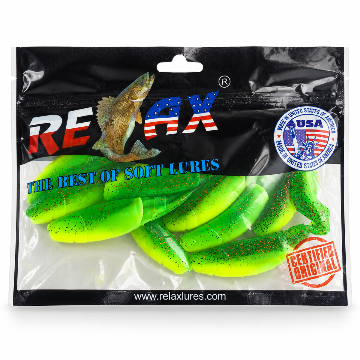 Relax señuelos verde lima con brillo rojo sobre fondo blanco