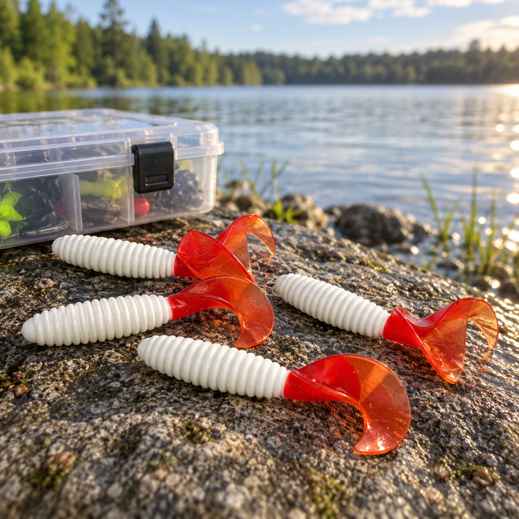 Señuelos Relax blancos y rojos junto a equipo de pesca