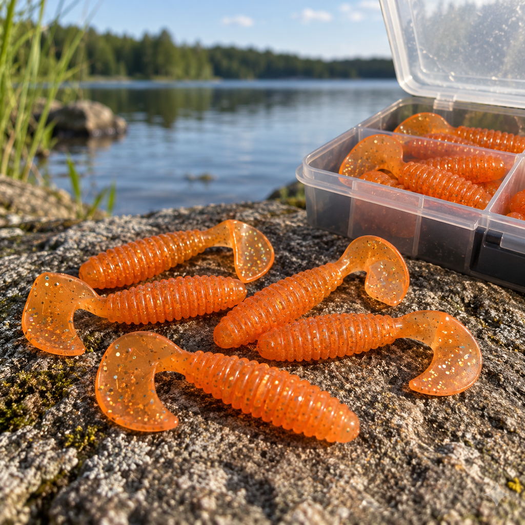 Señuelos Relax naranja con brillo junto a equipo de pesca
