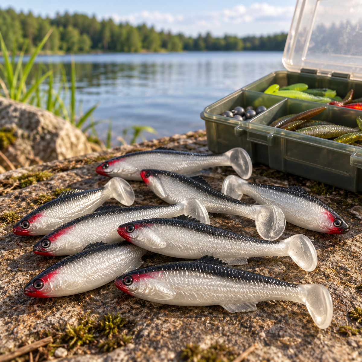 Señuelos Relax plata negro y rojo junto a equipo de pesca