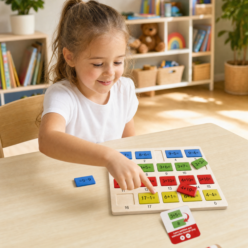 Playtive Juego de sumas y restas de madera, 80 piezas, con tablero y fichas numéricas