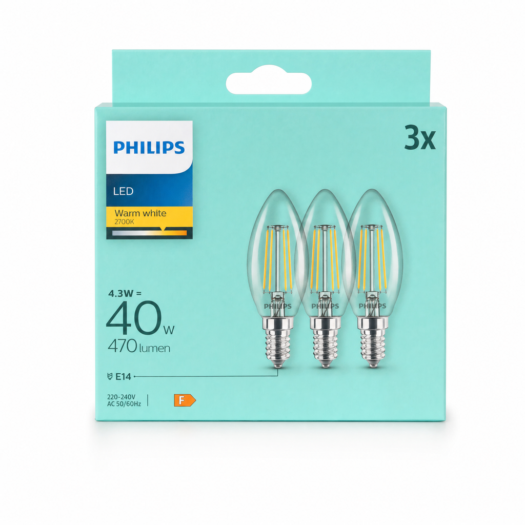 Philips Pack 3 Bombillas LED E14 Vela 4,3W (40W) 470lm Luz Cálida