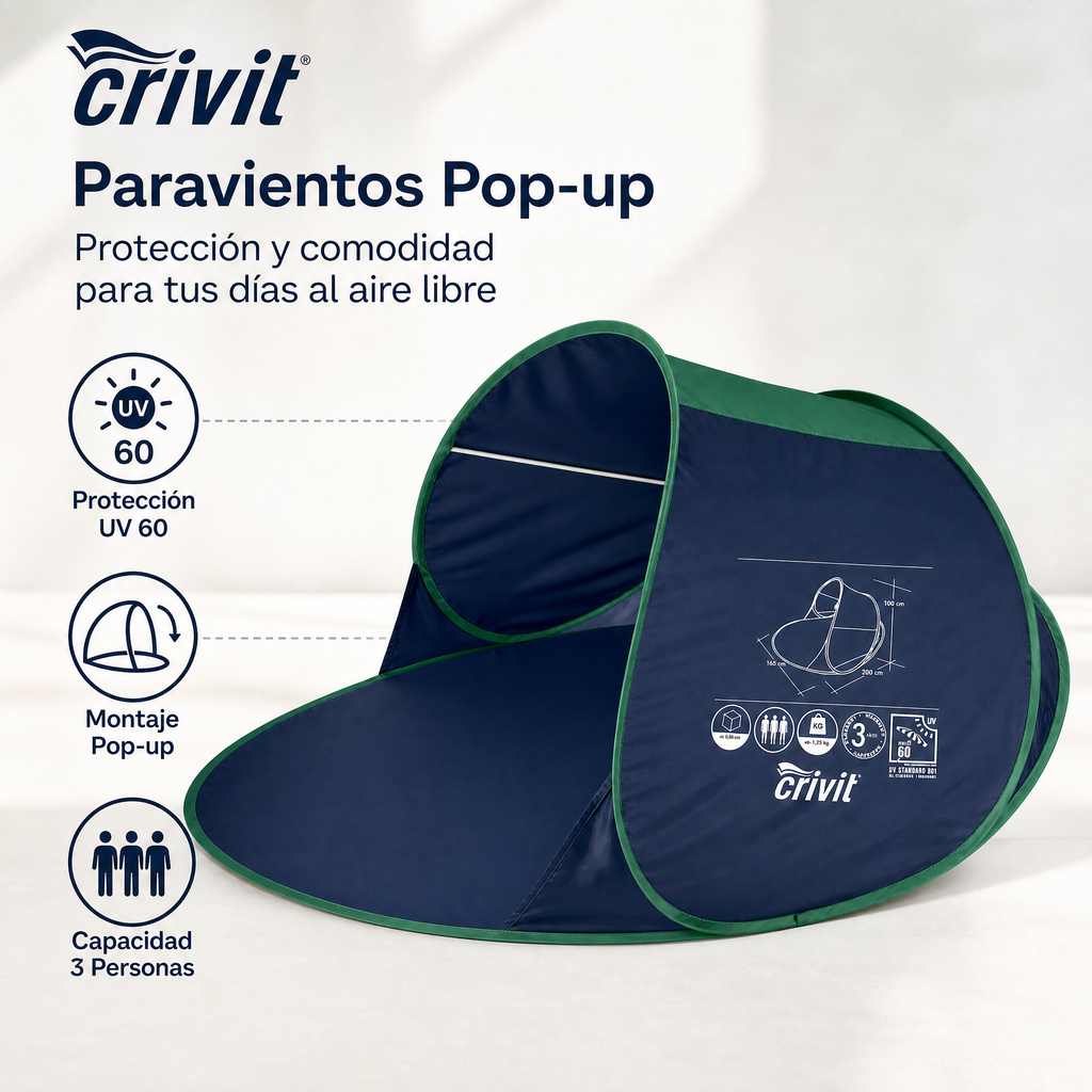 Paraviento de playa pop-up protección UV Protect 60 para 3 personas, garantía 3 años