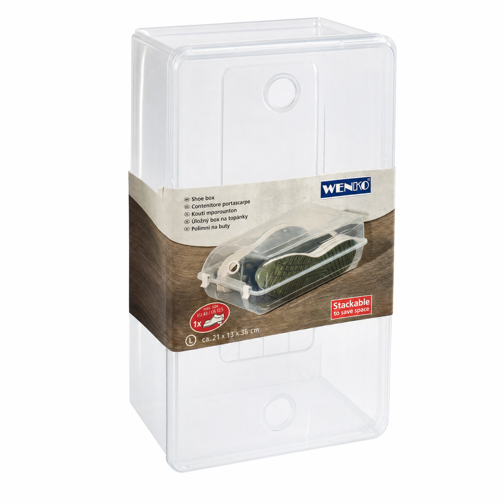 Caja apilable transparente para zapatos con orificios circulares
