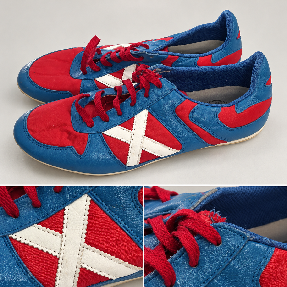 Zapatillas Munich rojas y azules con X blanca · Talla 45 - detalle de diseño y estado