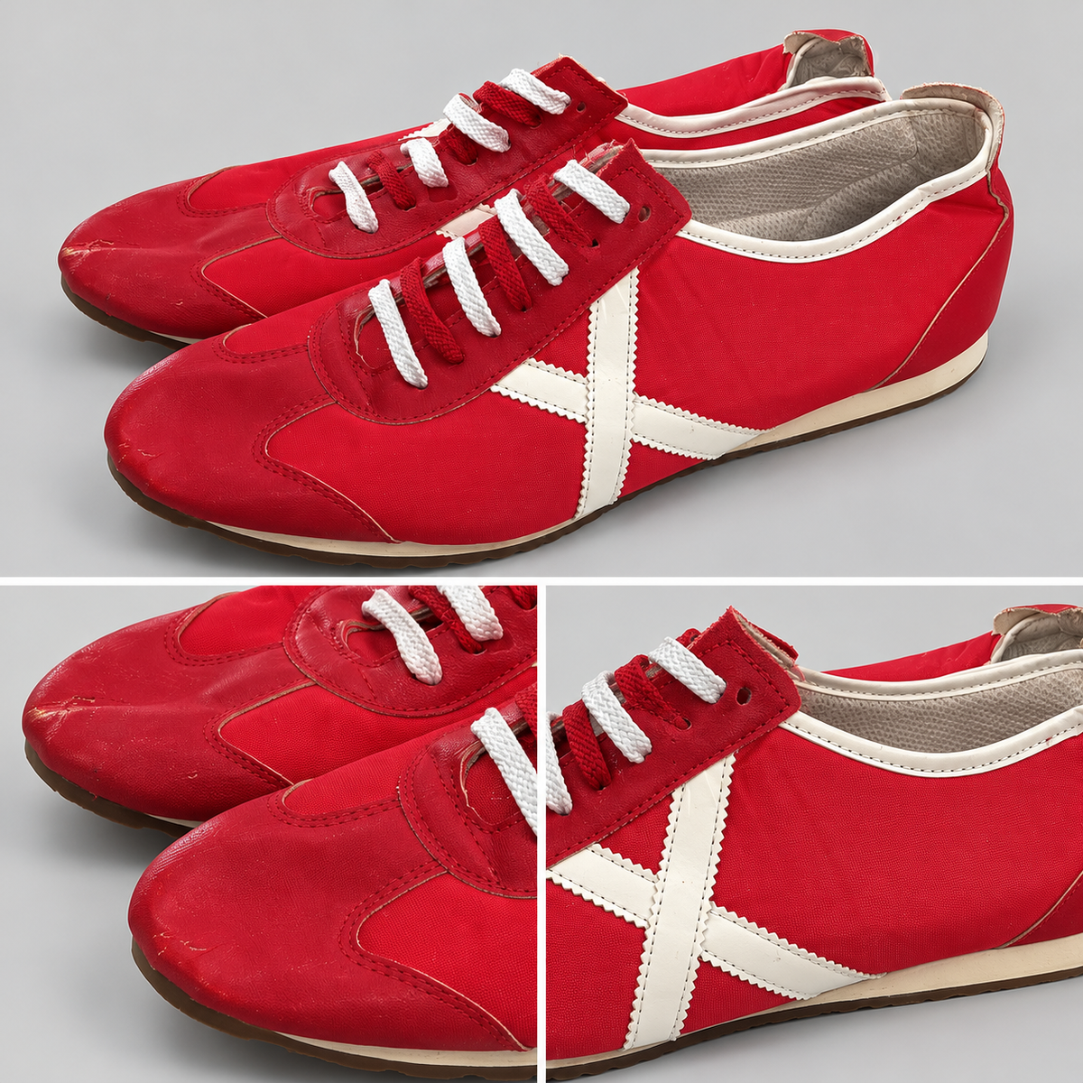 Zapatillas Munich rojas con X blanca y ribete claro · Talla 45 - detalle de diseño y estado