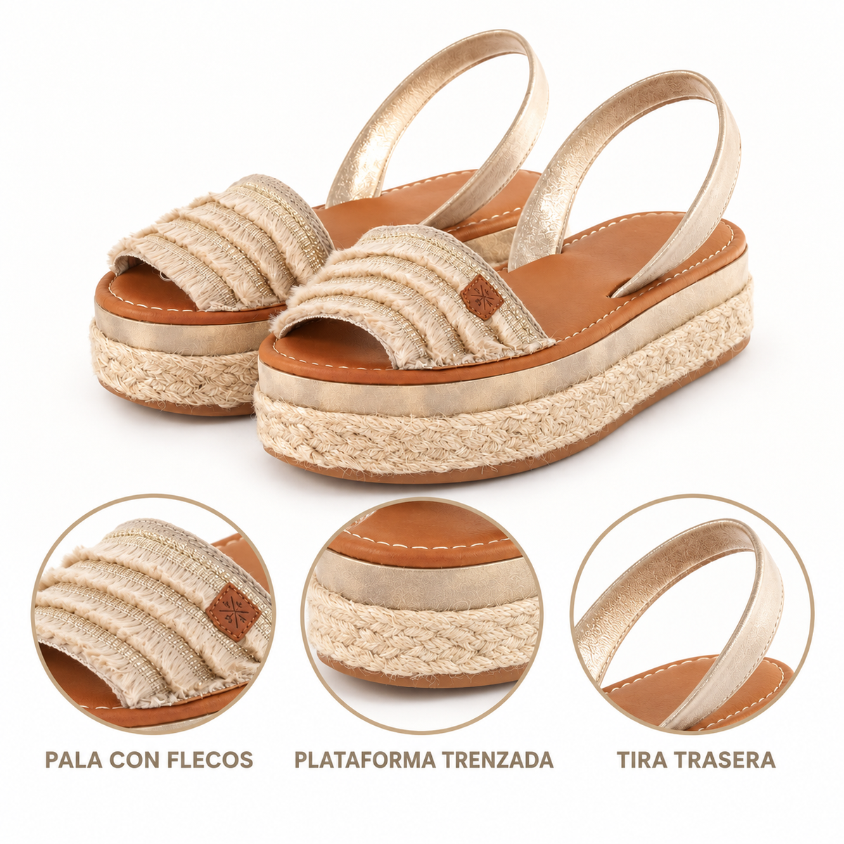 Detalles de las sandalias Popa Rosario Flecos beige