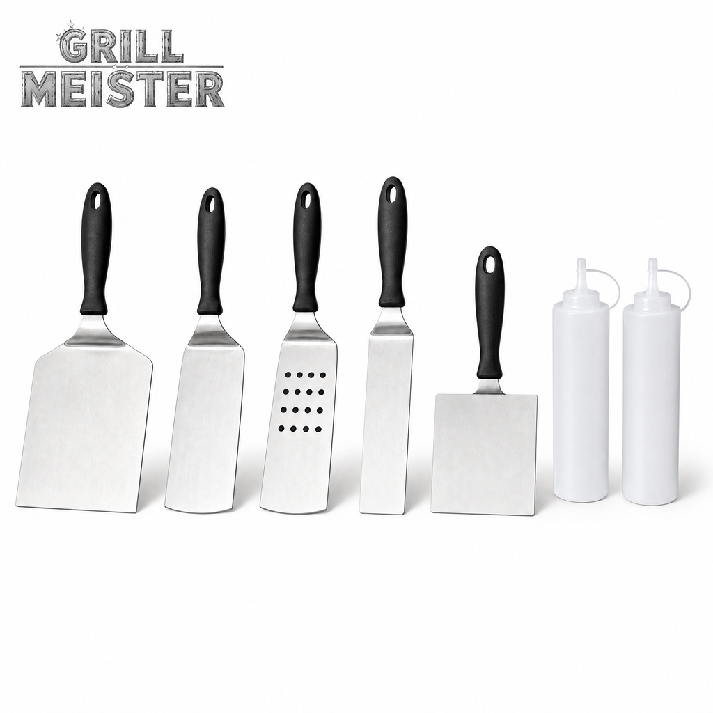 Grill Meister set de espátulas y utensilios para barbacoa con botes exprimidores