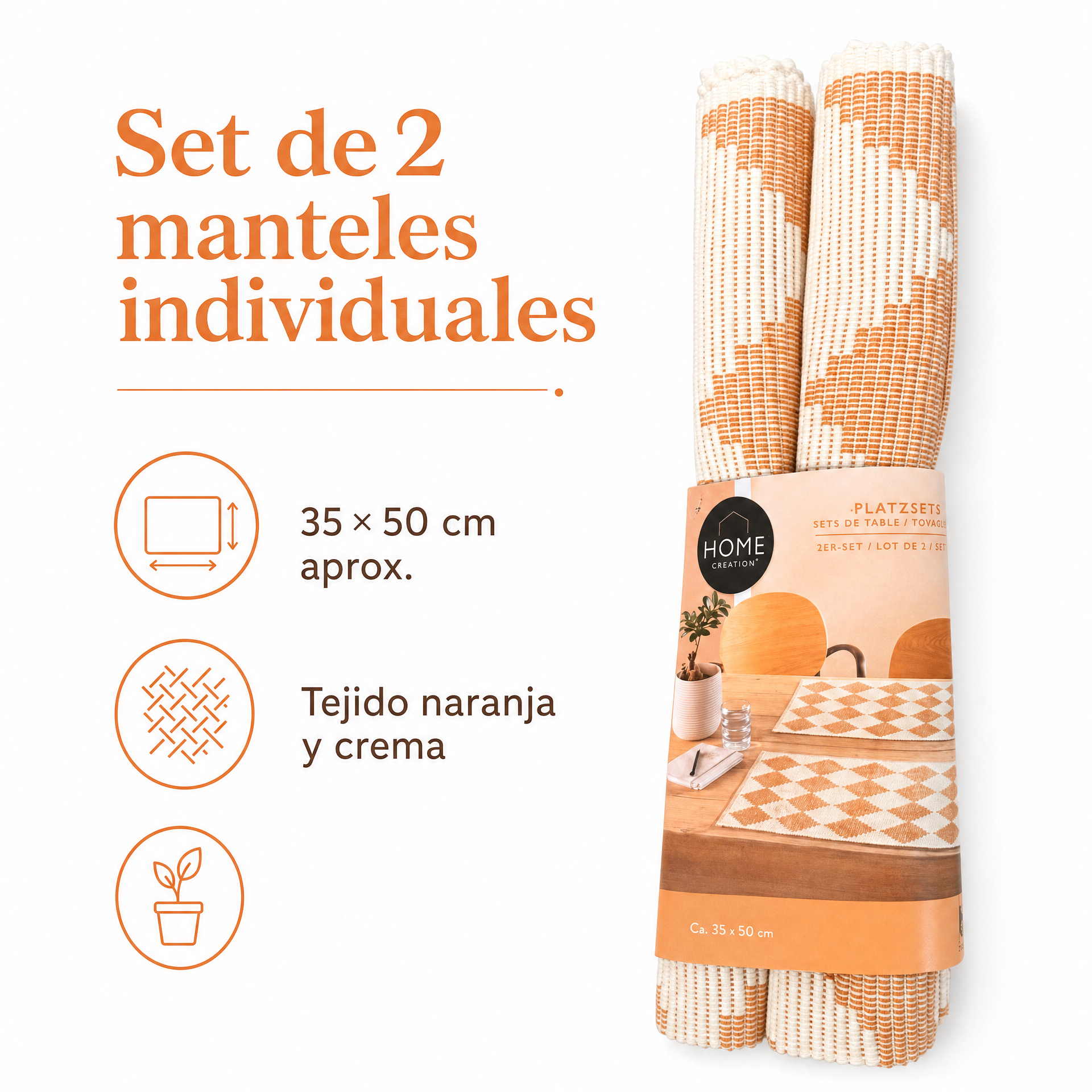 Home Creation Set de 2 Manteles Individuales Naranja y Crema 35 × 50 cm