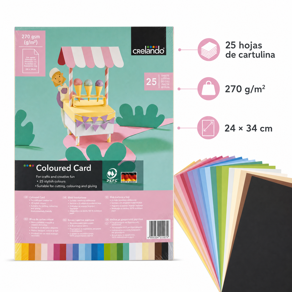 Cartulinas Crelando: 25 hojas, 270 g/m² y 24 × 34 cm