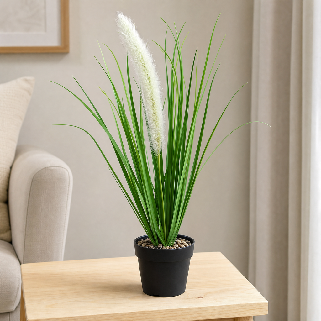 Planta artificial decorativa con espiga blanca y maceta negra