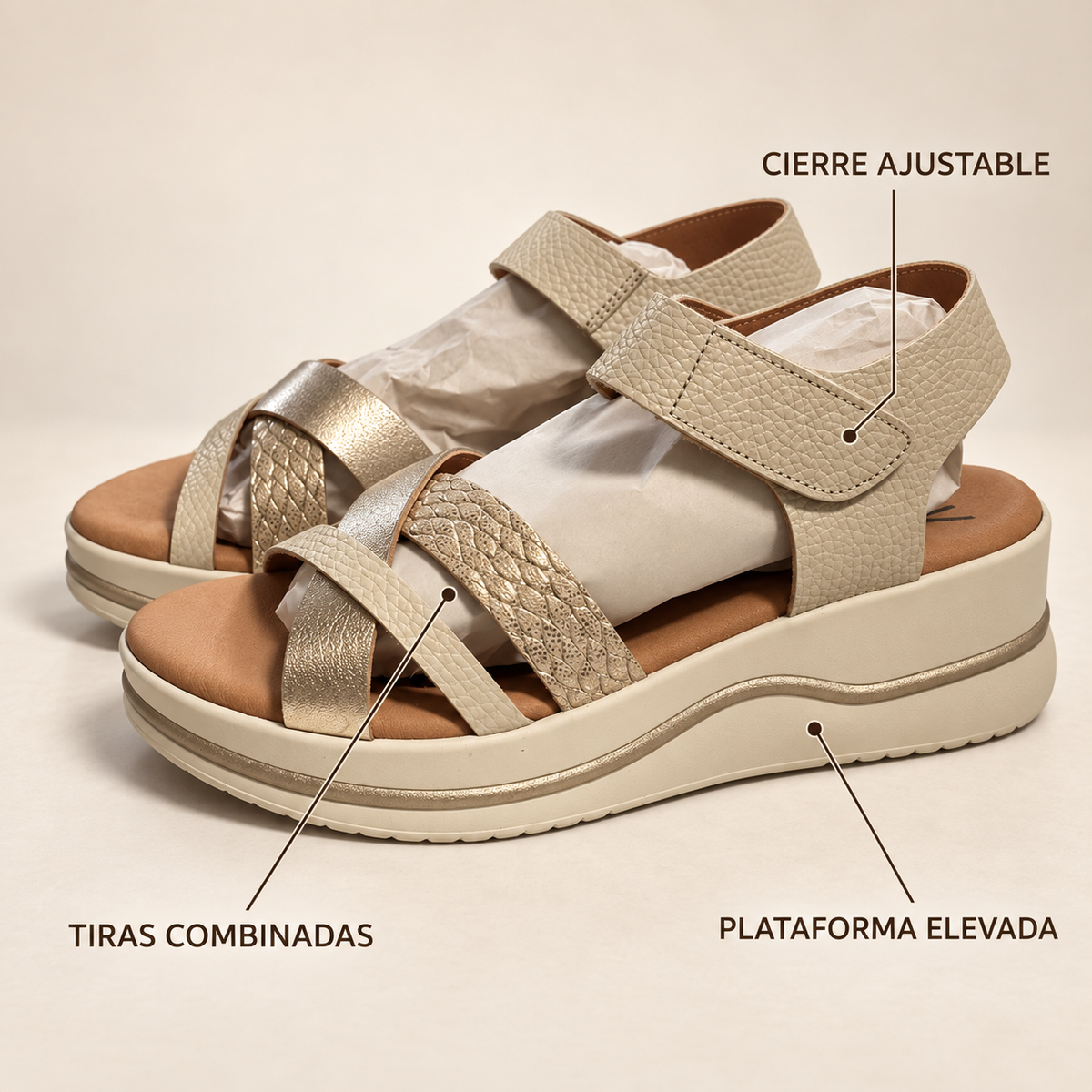 Características de las sandalias de plataforma modelo 925 beige talla 39